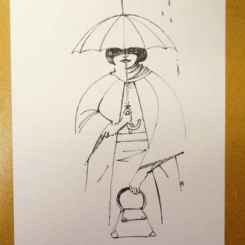 Drawing Girl with Umbrella Girl Holding Umbrella Fineliner On Watercolor Paper Hilbrand Bos