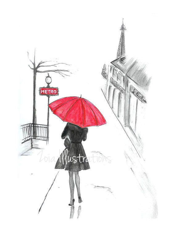 Drawing Girl with Umbrella Paris Rain Fashion Illustration Print Red Umbrella French Girl