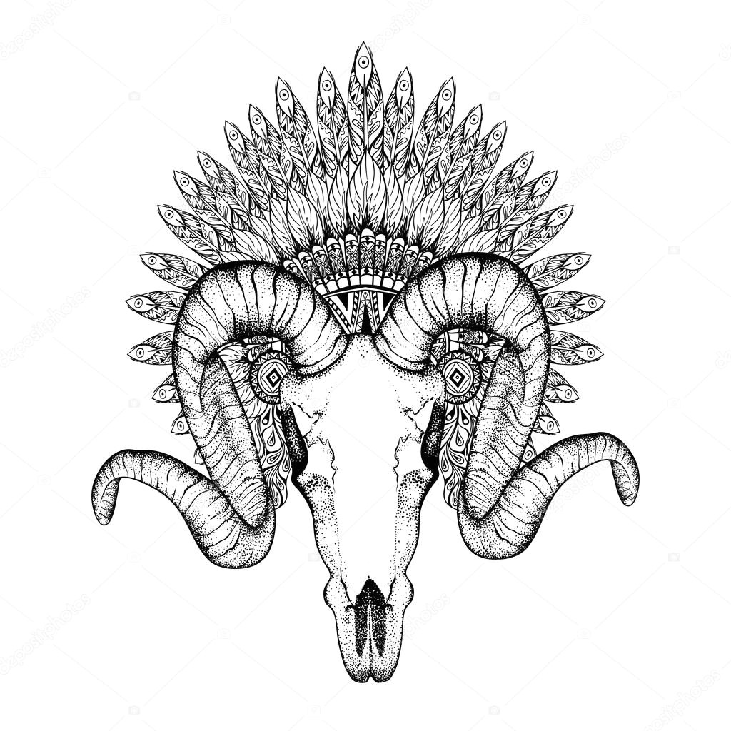 Drawing Goat Skull Hand Drawn Goat Skull In Zentangle Feathered War Bonnet High Da