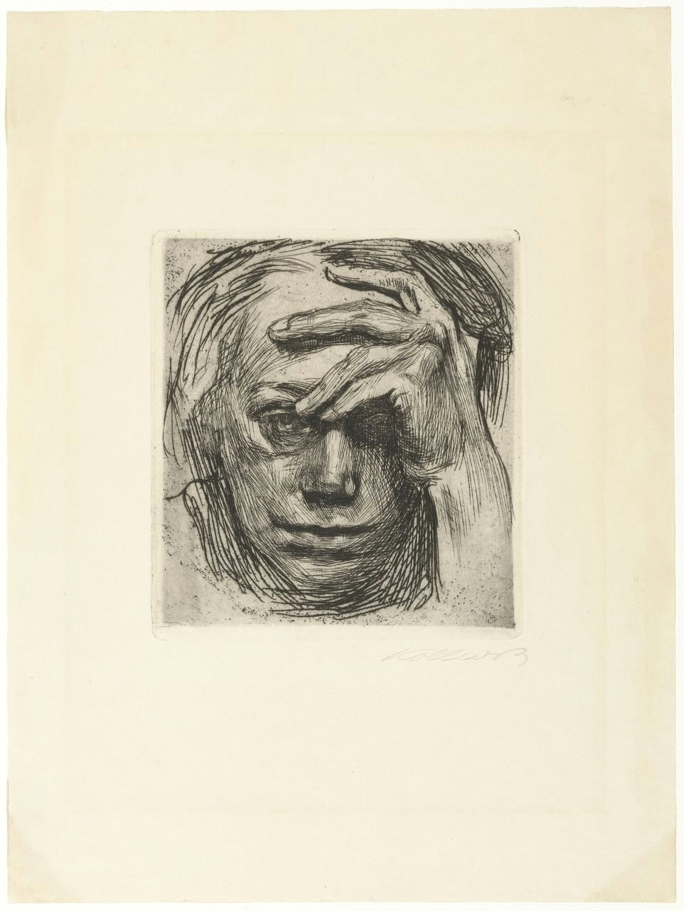 Drawing Hands 1948 Kathe Kollwitz Self Portrait Hand at the forehead Selbstbildnis