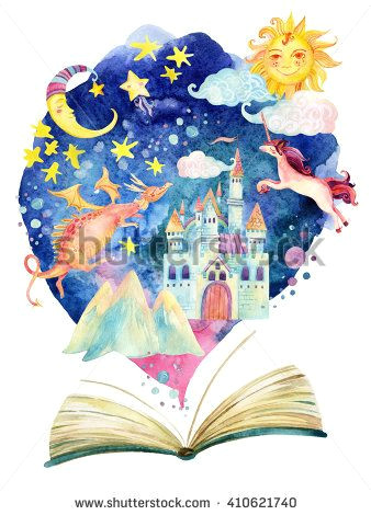 Drawing Hands From Imagination Watercolor Open Book with Magic World the Fairy Tale World In One