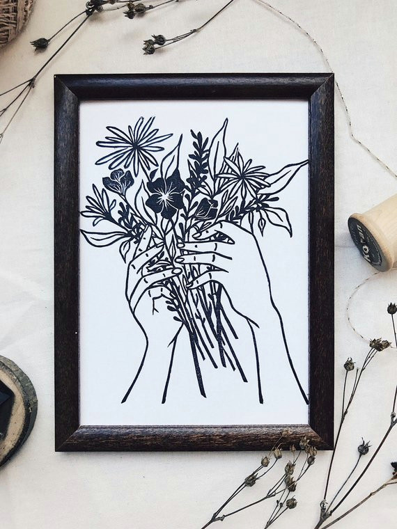 Drawing Hands Holding Flowers Tattoo Style Hand Holding Flowers Linocut Block Print Art Print