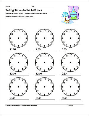 Drawing Hands On A Clock Worksheet Math Worksheets Telling Time to the Half Hour