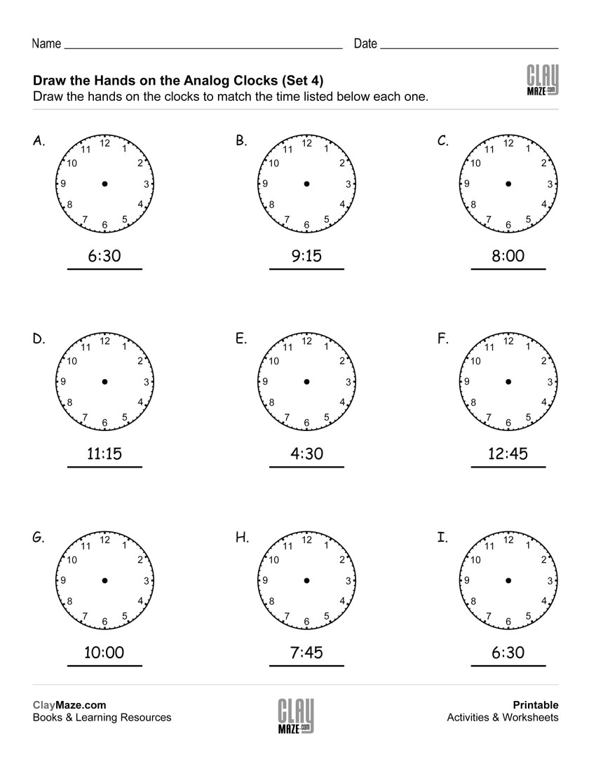 Drawing Hands On Clocks Year 3 Draw the Hands On the Analog Clocks Set 4 Free Printable
