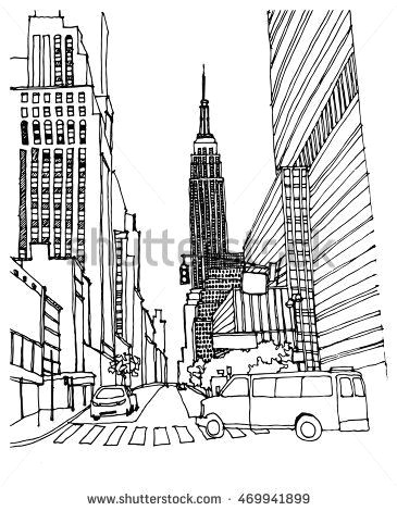 Drawing Hands Perspective Scene Street Illustration Hand Drawn Ink Line Sketch New York City