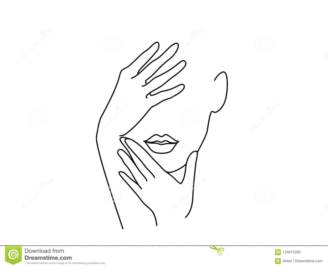Drawing Hands with Lines Line Drawing Art Woman Face with Hands Stock Vector Illustration
