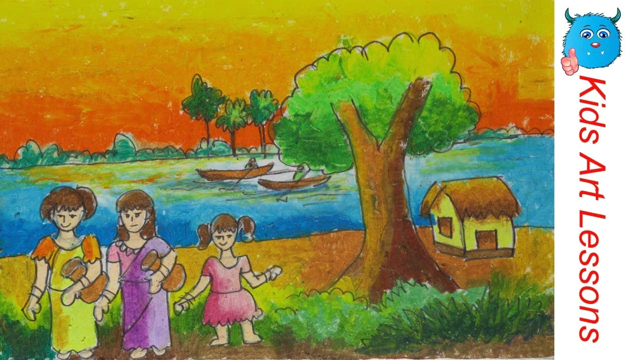 Drawing Ideas for Village Scene Easy Scenery Drawing How to Draw Village Women with Water Pot Step