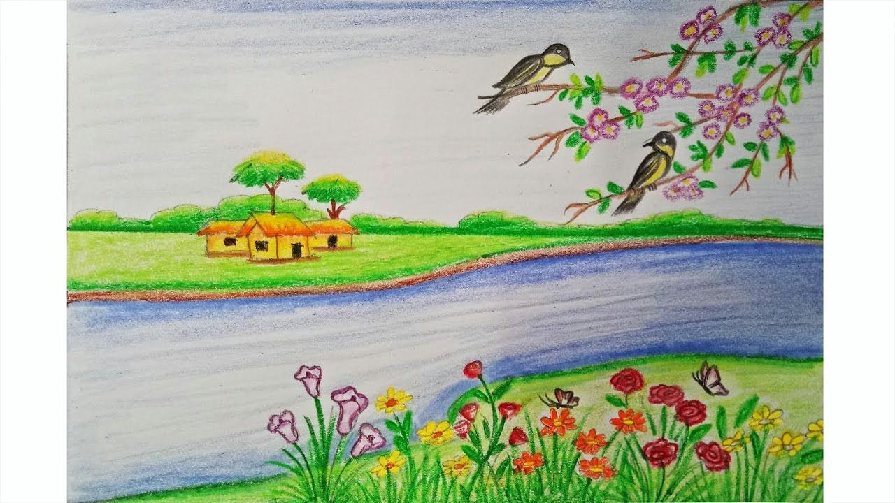 Drawing Ideas for Village Scene How to Draw A Scenery Of Spring Season Step by Step Very Easy