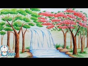Drawing Ideas for Village Scene How to Draw Scenery Of Stream Waterfall Step by Step Youtube