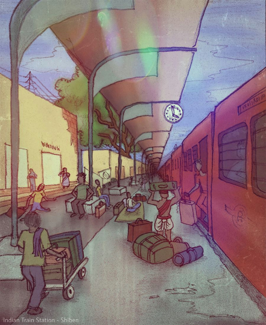 Drawing Indian Cartoon Indian Railway Station Drawn On Paper Colored In Picsart My