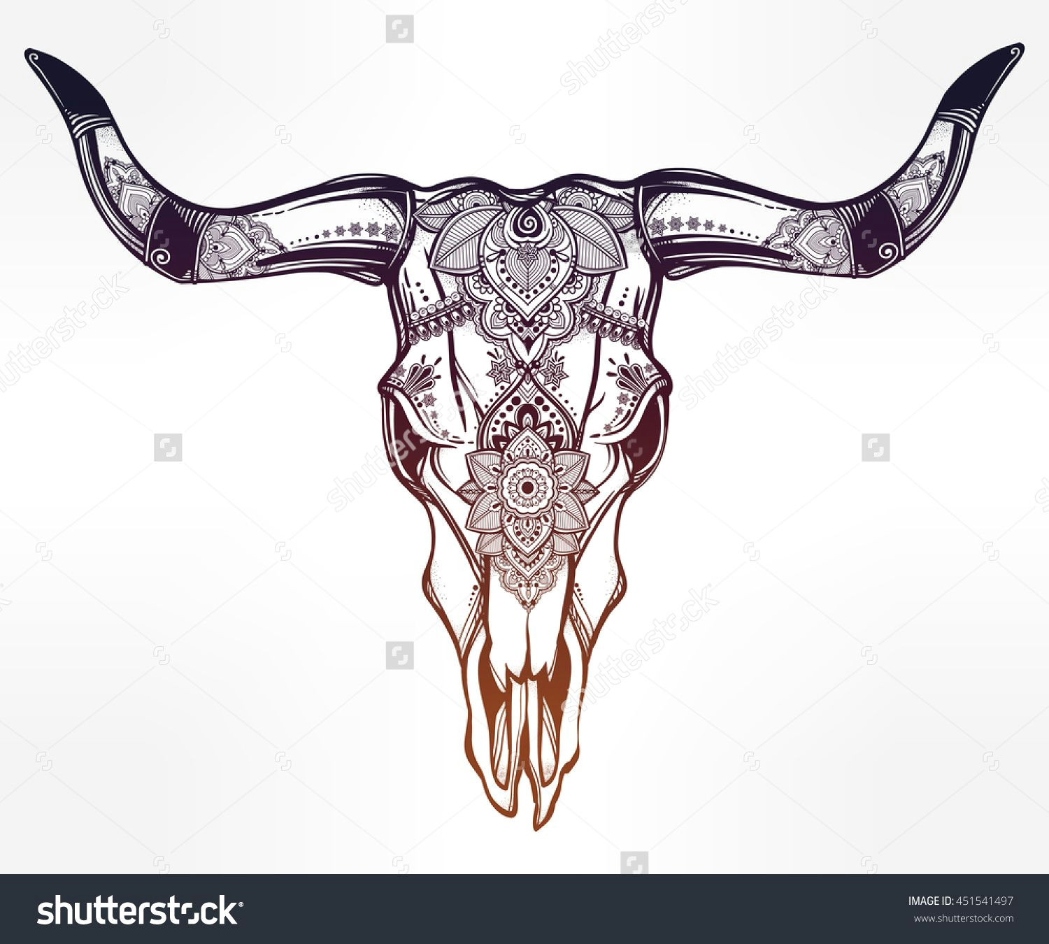 Drawing Longhorn Skull Hand Drawn Romantic Tattoo Style ornate Decorative Desert Cow or