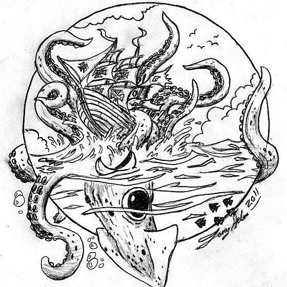 Drawing Monster Eyes Kracken attack Square Sail Ship Monster Sea Ship Ocean Water
