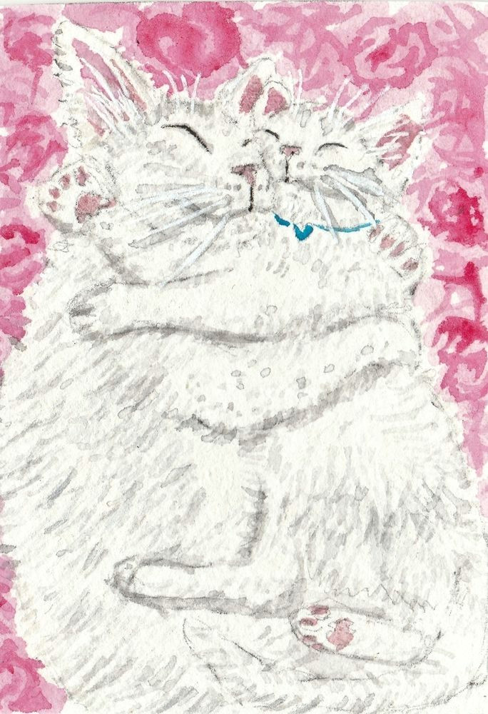 Drawing Of A Baby Cat Mother and Baby Cat Valentines Day Gift Watercolor Aceo original