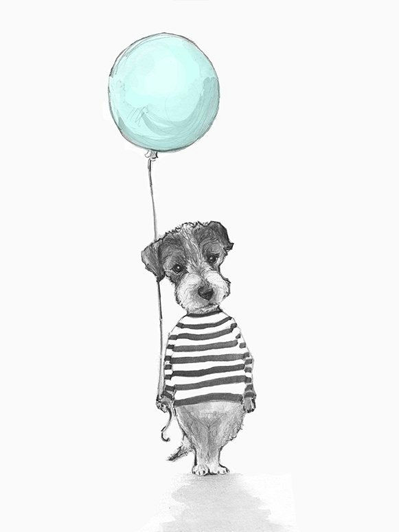 Drawing Of A Balloon Dog Pup with His Blue Balloon Canvas Art Draw Nursery Art Baby