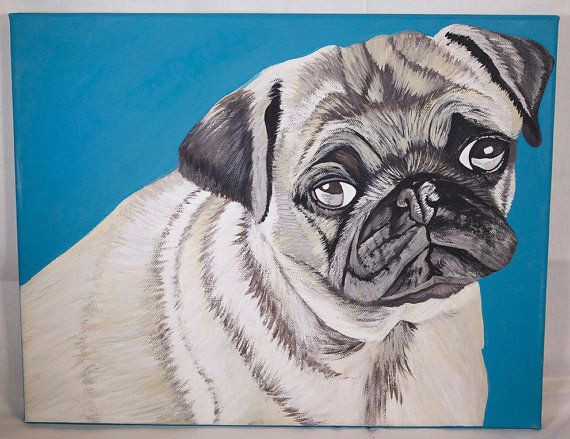 Drawing Of A Blue Dog Pug with Blue Background Pet Painting On by Emtyspetpaintings