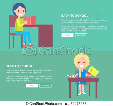 Drawing Of A Boy and Girl Reading Back to School Set Of Posters with Boy and Girl Back to School Set