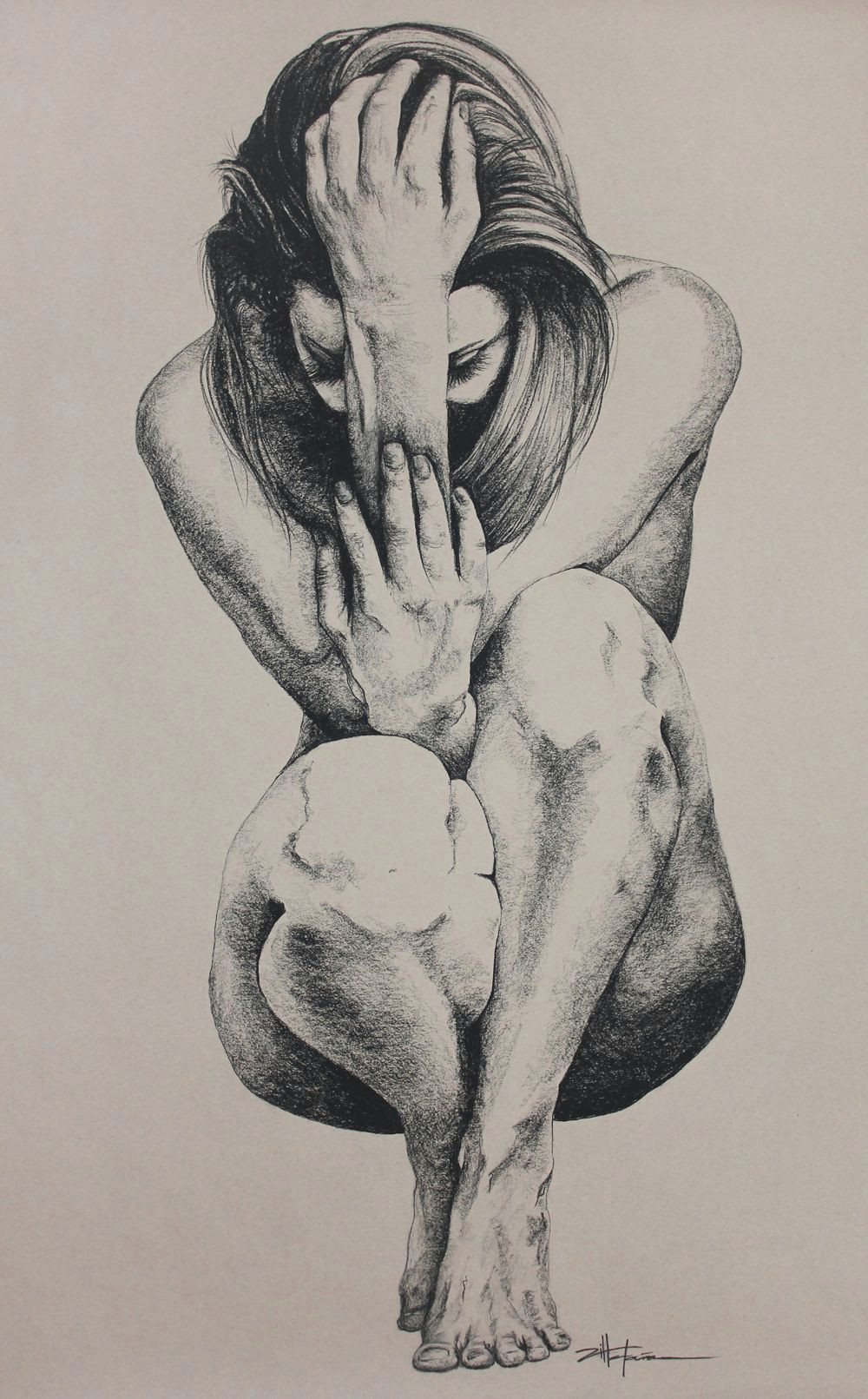 Drawing Of A Broken Girl Eve Paradise Lost Aka Crouching Woman original Art Nude Art Female