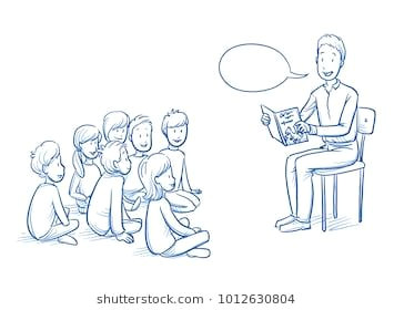 Drawing Of A Cartoon Teacher Happy Man Teacher Nurse or Parent Reading A Book to A Multi