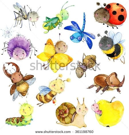 Drawing Of A Cartoon Worm Funny Insects Collection Watercolor Cartoon Insect Wasp Bee