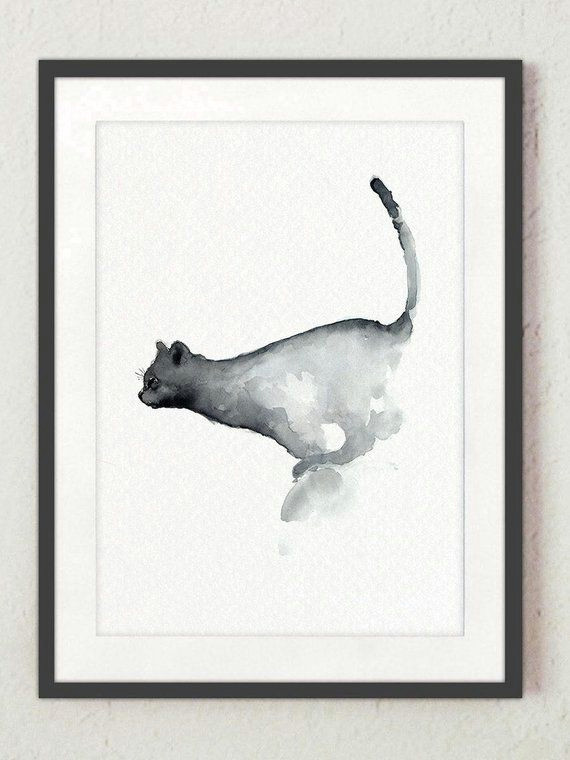 Drawing Of A Cat Jumping Jumping Cat Watercolor Painting Navy Blue Cats Nursery Wall