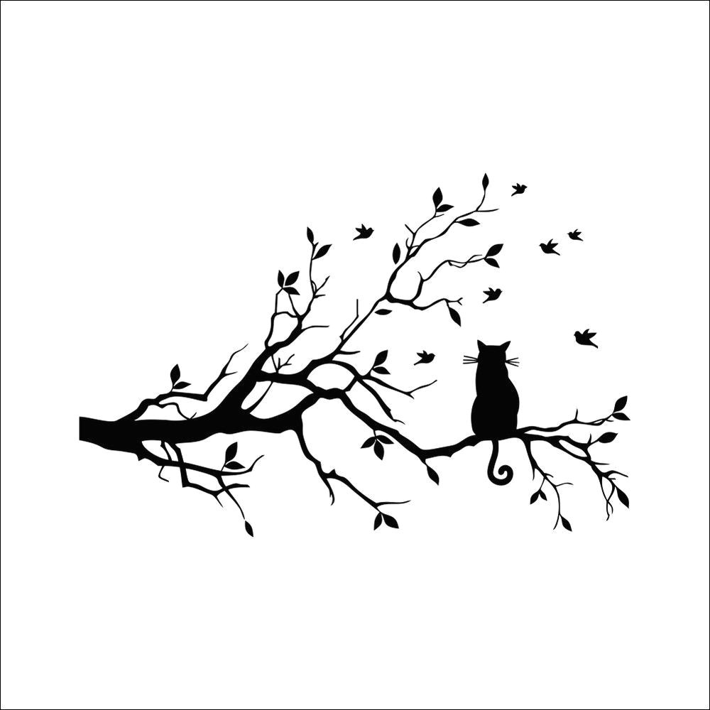 Drawing Of A Cat On A Tree Cat On Tree Branch Birds Wall Sticker Tree Vinyl Wall Decal Adesivi