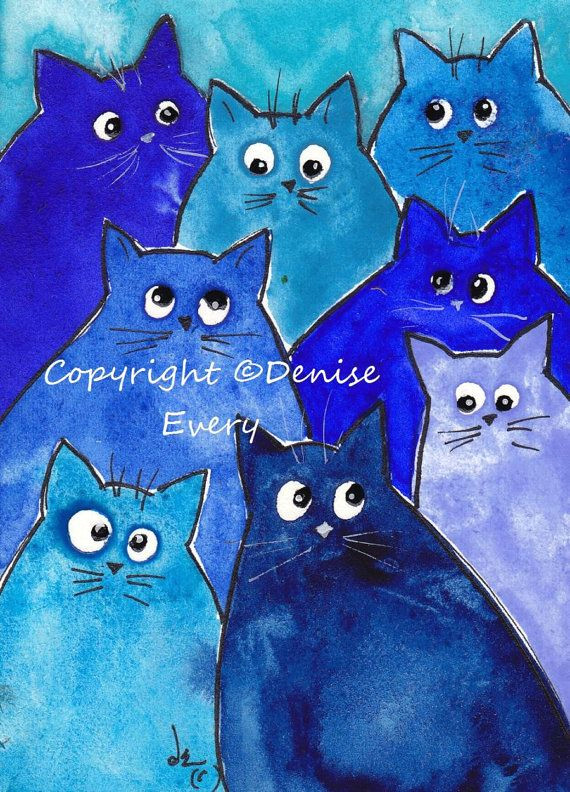 Drawing Of A Cat Playing Whacky Blue Kitties Whimsical Cat Art Print Abstract Cat Art Cat