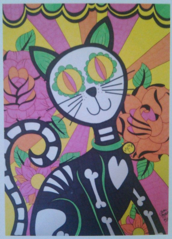 Drawing Of A Dead Cat Sugar Skull Cat Day Of the Dead Cat with Roses 8×10 Print Dia De