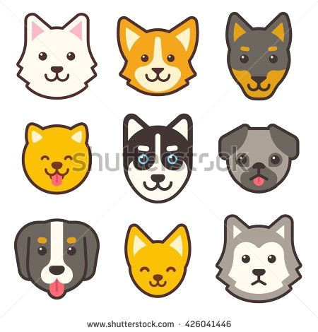Drawing Of A Dog S Face Cartoon Dog Faces Set Different Breeds Of Dogs Husky Corgi Pug