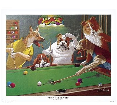 Drawing Of A Dog Swimming the Ripper Print Part Of the Dogs Playing Pool Series 20 X 16
