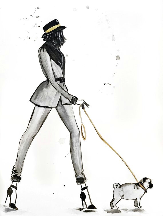 Drawing Of A Dog Walking Pug Dog Walker Fashion Illustration Print Products Pinterest