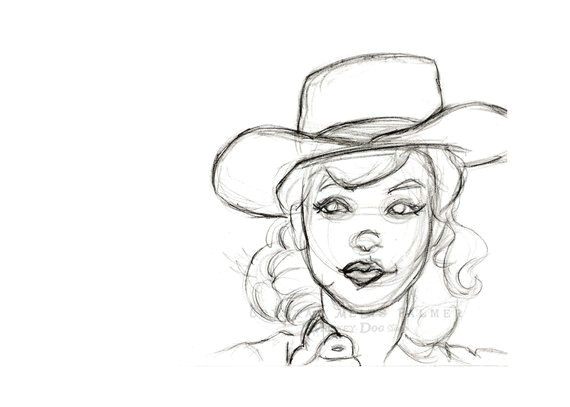 Drawing Of A Farm Girl Pencil Sketch Drawing Of Retro Girl In Cowboy Hat 8×12 Inch Art