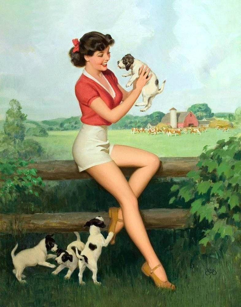 Drawing Of A Farm Girl Pin Up Farm Girl with Puppies Collie by Walt Otto Pin Up Girl Art