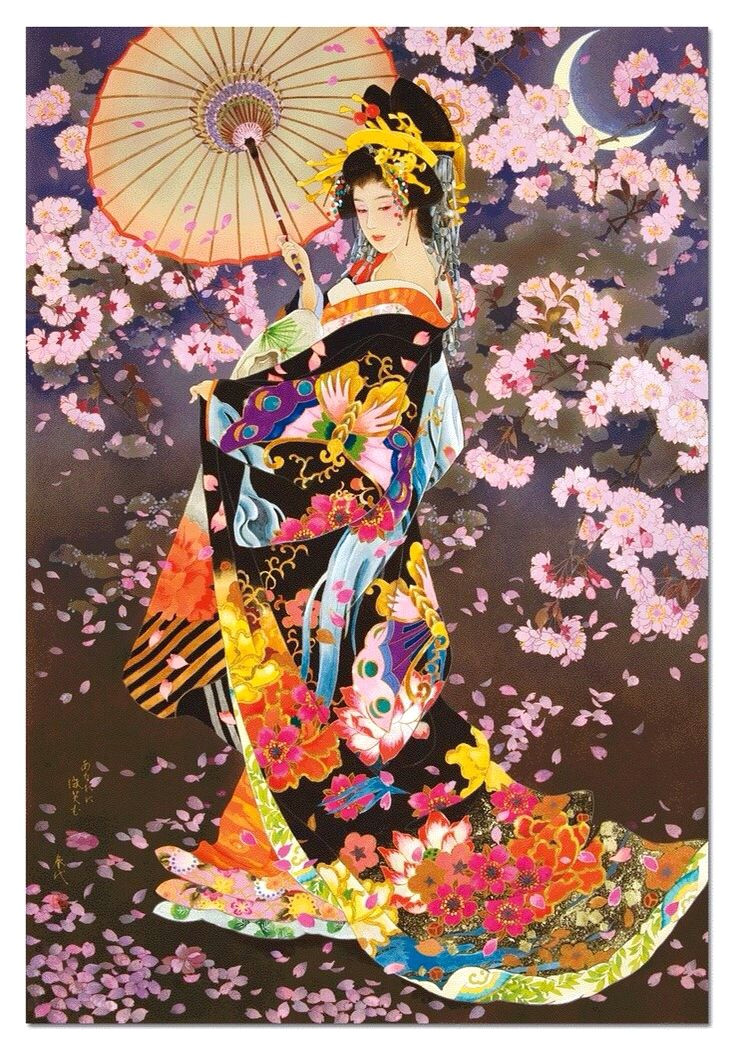 Drawing Of A Geisha Girl Geisha Girl Holding Umbrella Cherry Blossoms Color Art Geisha