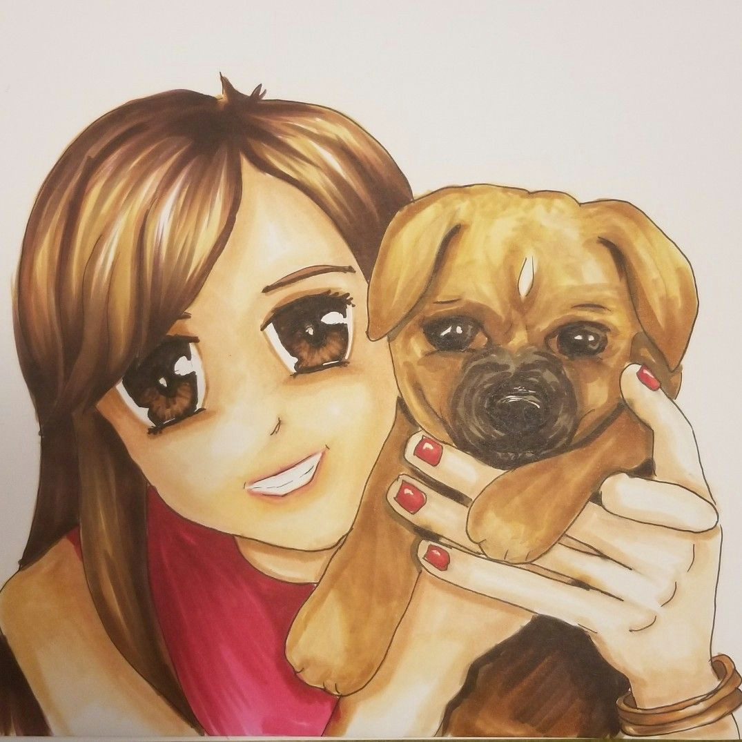 Drawing Of A Girl and Dog Anime Girl and Dog Copic and Prismacolor Markers Brown Anime Eyes