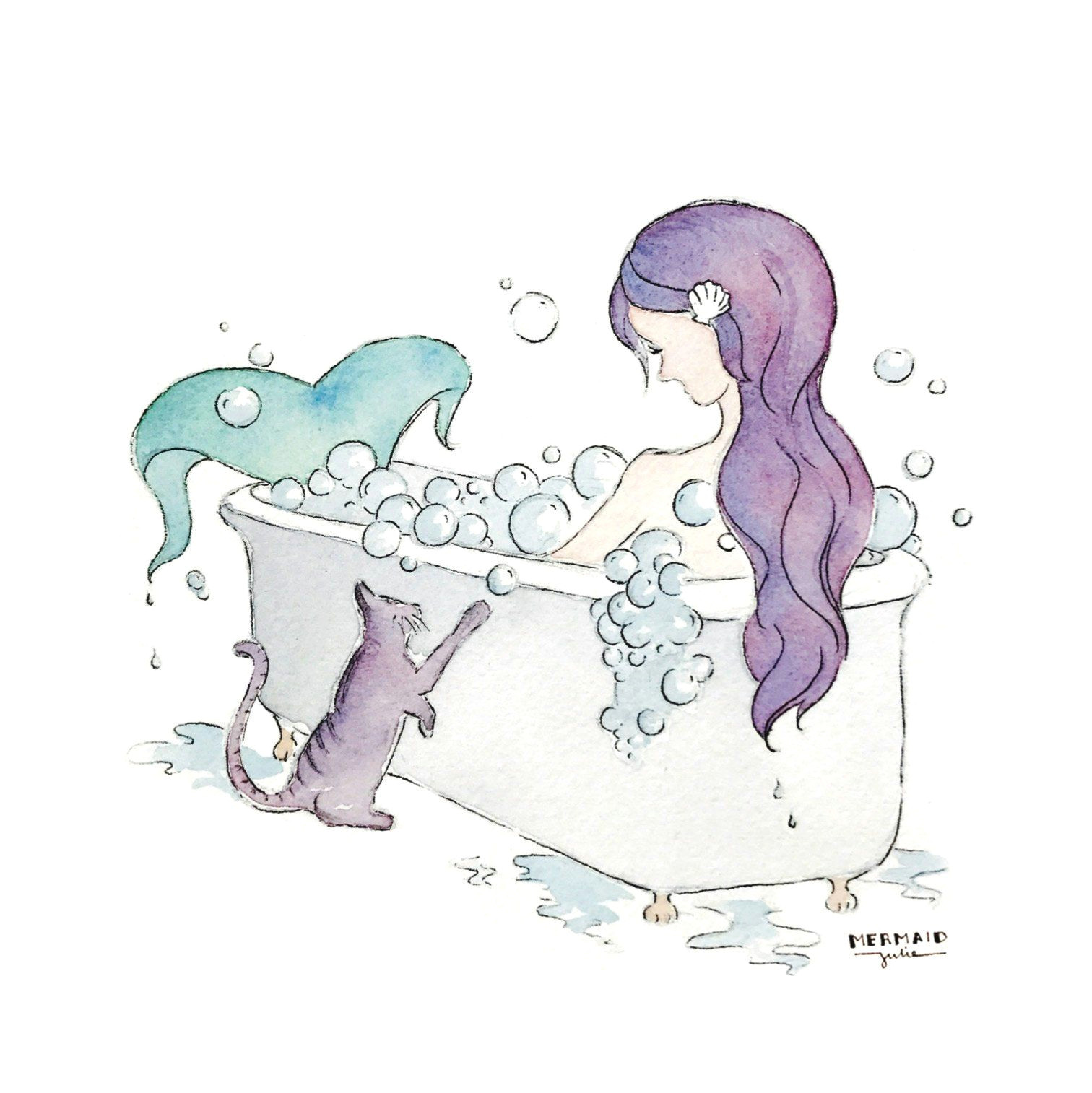 Drawing Of A Girl Bathing Mermaid Bubble Bath Art Prints Set Of 4 5x5 House Mermaid Art