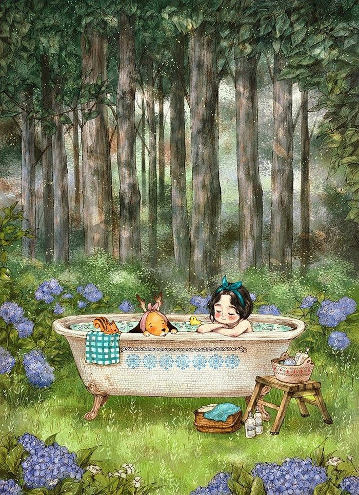 Drawing Of A Girl Bathing Taking A Bath In forest Aeppol Illustrations Pinterest