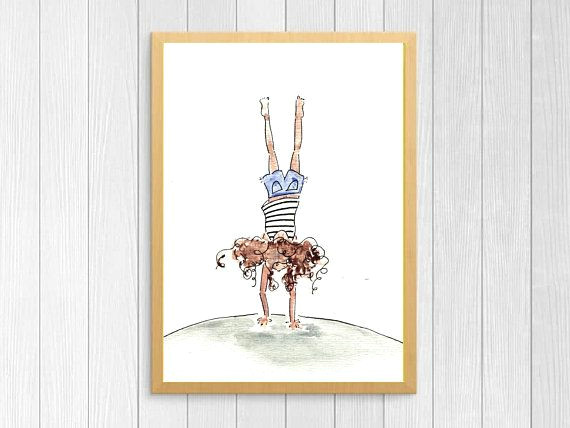 Drawing Of A Girl Doing A Handstand Printable Art Handstand Girl Watercolor and Ink 5×7 8×10 Art