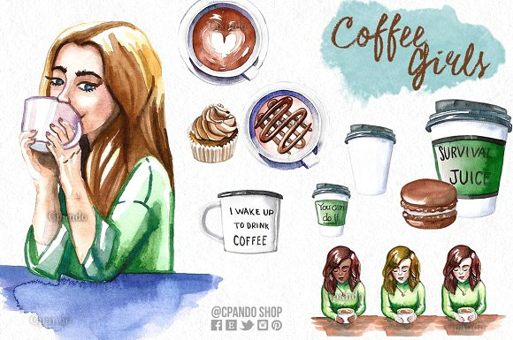 Drawing Of A Girl Drinking Coffee Coffee Girl Watercolor Clip Art Illustrations Creative Market