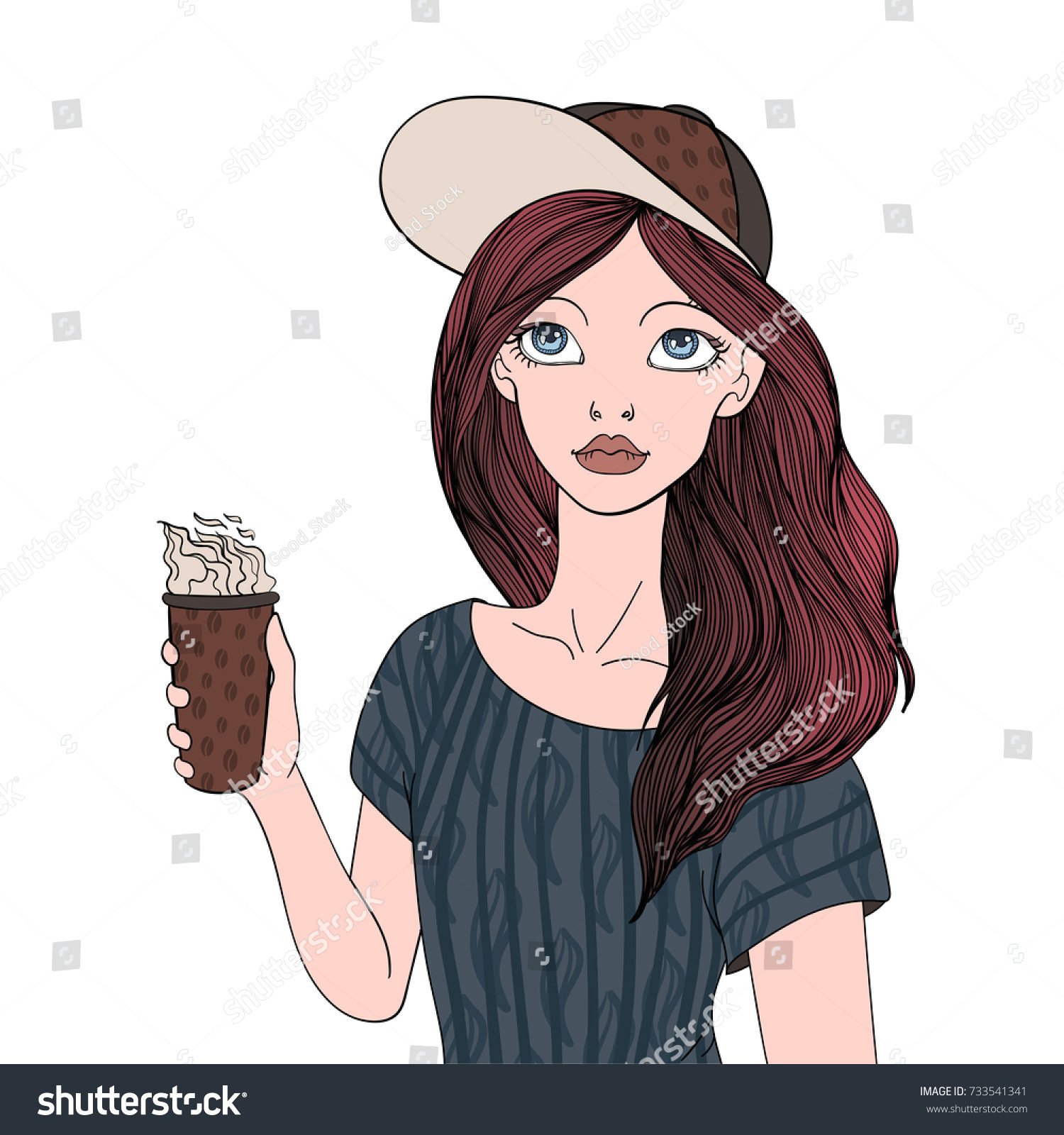 Drawing Of A Girl Drinking Coffee Young Girl Holding Cup Coffee Hot Stock Illustration 733541341