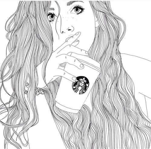 Drawing Of A Girl Drinking Starbucks Art Black White Drawing Girl Outlines Starbucks Image