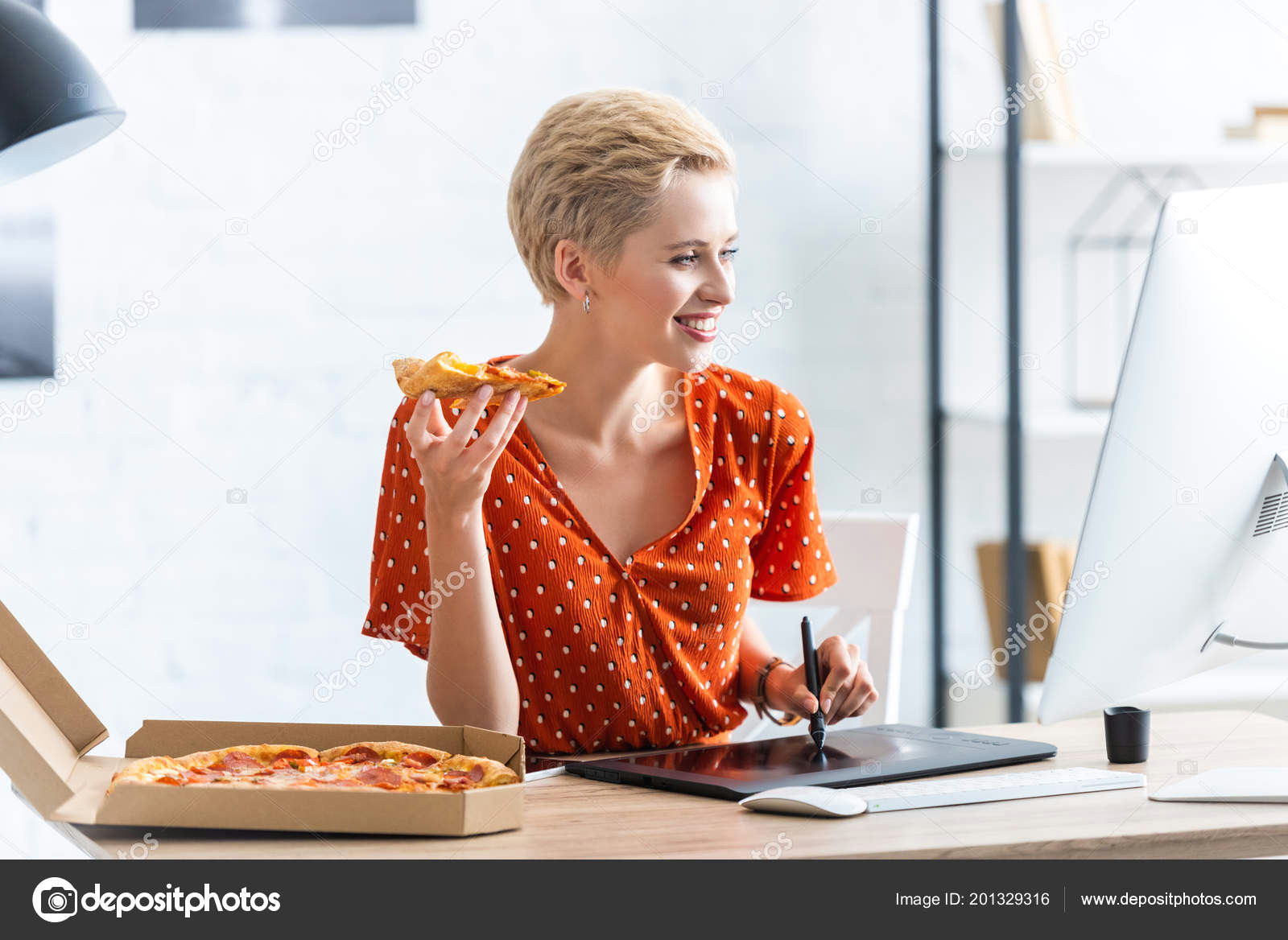Drawing Of A Girl Eating Pizza Smiling Female Freelancer Eating Pizza Drawing Graphic Tablet Home