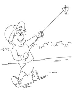 Drawing Of A Girl Flying A Kite Color the Kite Flying Scene Kids Paintings Kite Coloring Pages