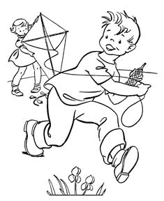 Drawing Of A Girl Flying A Kite Color the Kite Flying Scene Kids Paintings Kite Coloring Pages