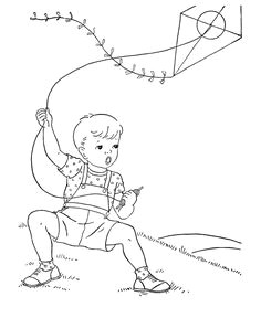 Drawing Of A Girl Flying A Kite Color the Kite Flying Scene Kids Paintings Kite Coloring Pages