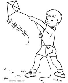 Drawing Of A Girl Flying A Kite Color the Kite Flying Scene Kids Paintings Kite Coloring Pages