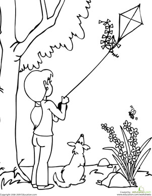 Drawing Of A Girl Flying A Kite Color the Kite Flying Scene Kids Paintings Kite Coloring Pages