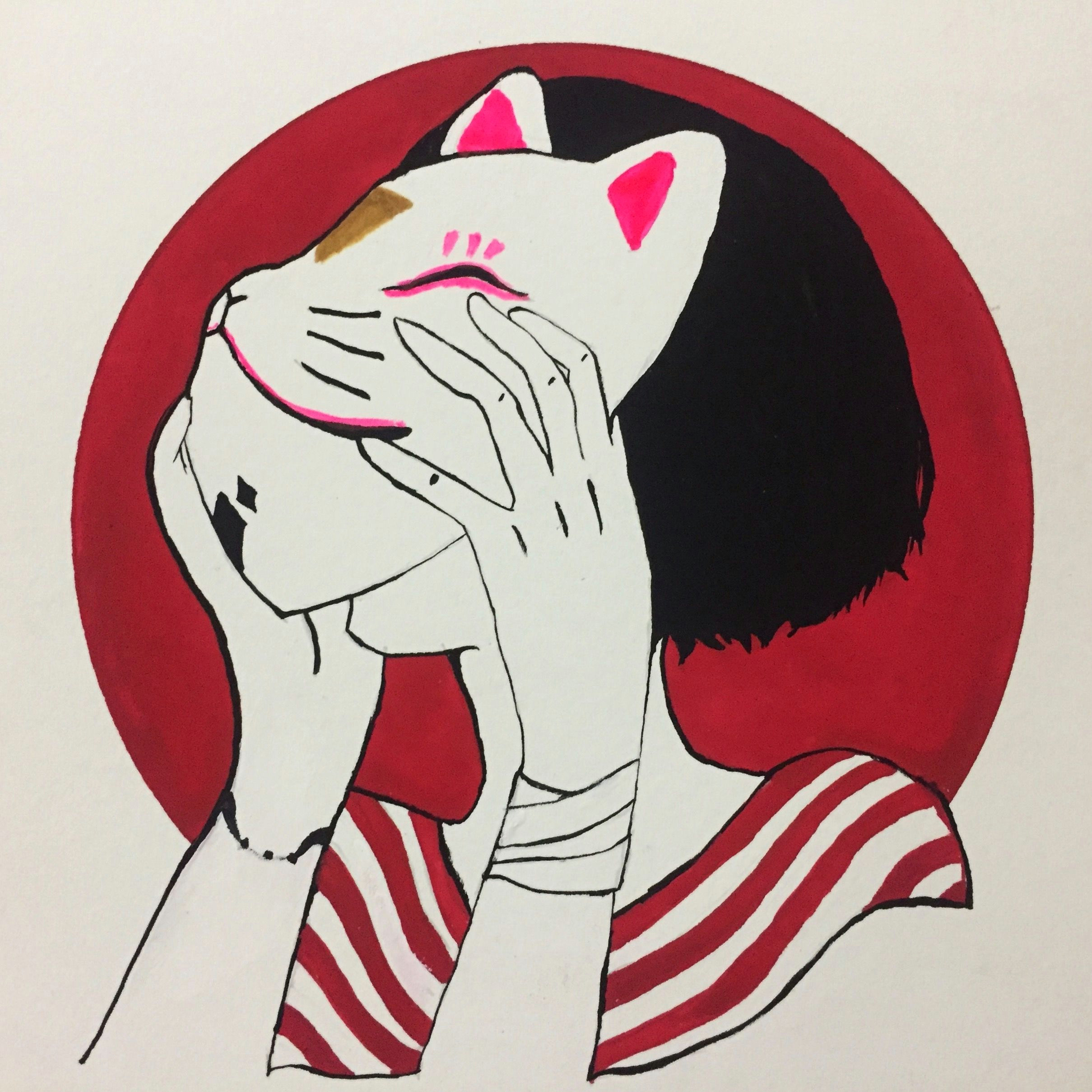 Drawing Of A Girl Holding A Cat Cat Mask Girl Drawing In 2019 Drawings Art Art Drawings