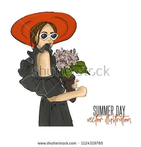 Drawing Of A Girl Holding A Phone Girl Holding Flower Vector Illustration Romantic Mood Fashion