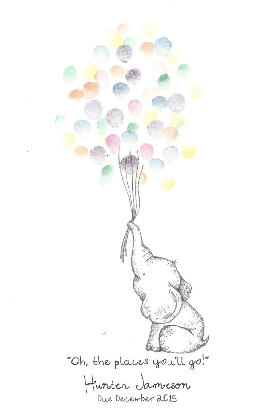 Drawing Of A Girl Holding Balloons Baby Elephant Holding A Bundle Of Balloons Fingerprint Guest Book