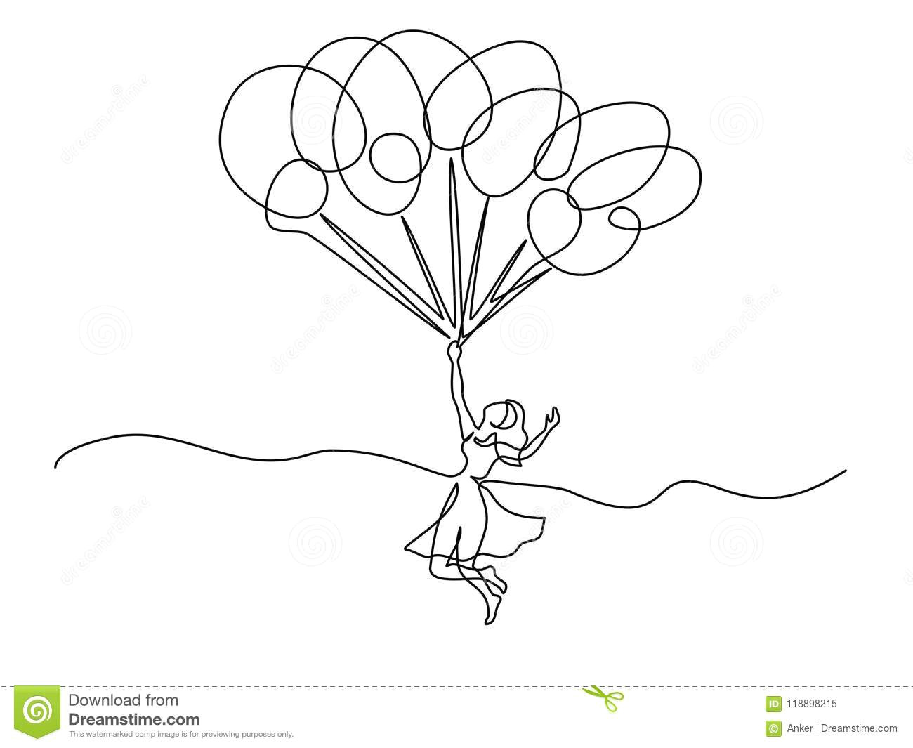 Drawing Of A Girl Holding Balloons Beautiful Young Woman Holding Balloons and Flying Stock Vector